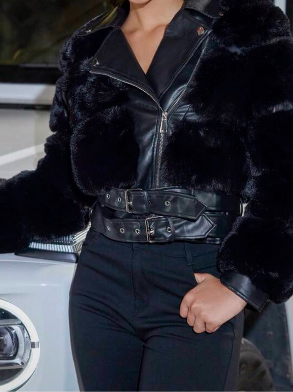 NWT D&M Faux Leather & Tiered Faux Fur Moto Jacket - Black (L)